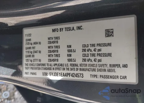 2023 Tesla Model 3 Rear-Wheel Drive из США, поврежденный, VIN 5YJ3E1EA4PF424573